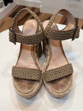 Stuart Weitzman Taupe Braided Espadrille Wedge Sandals
